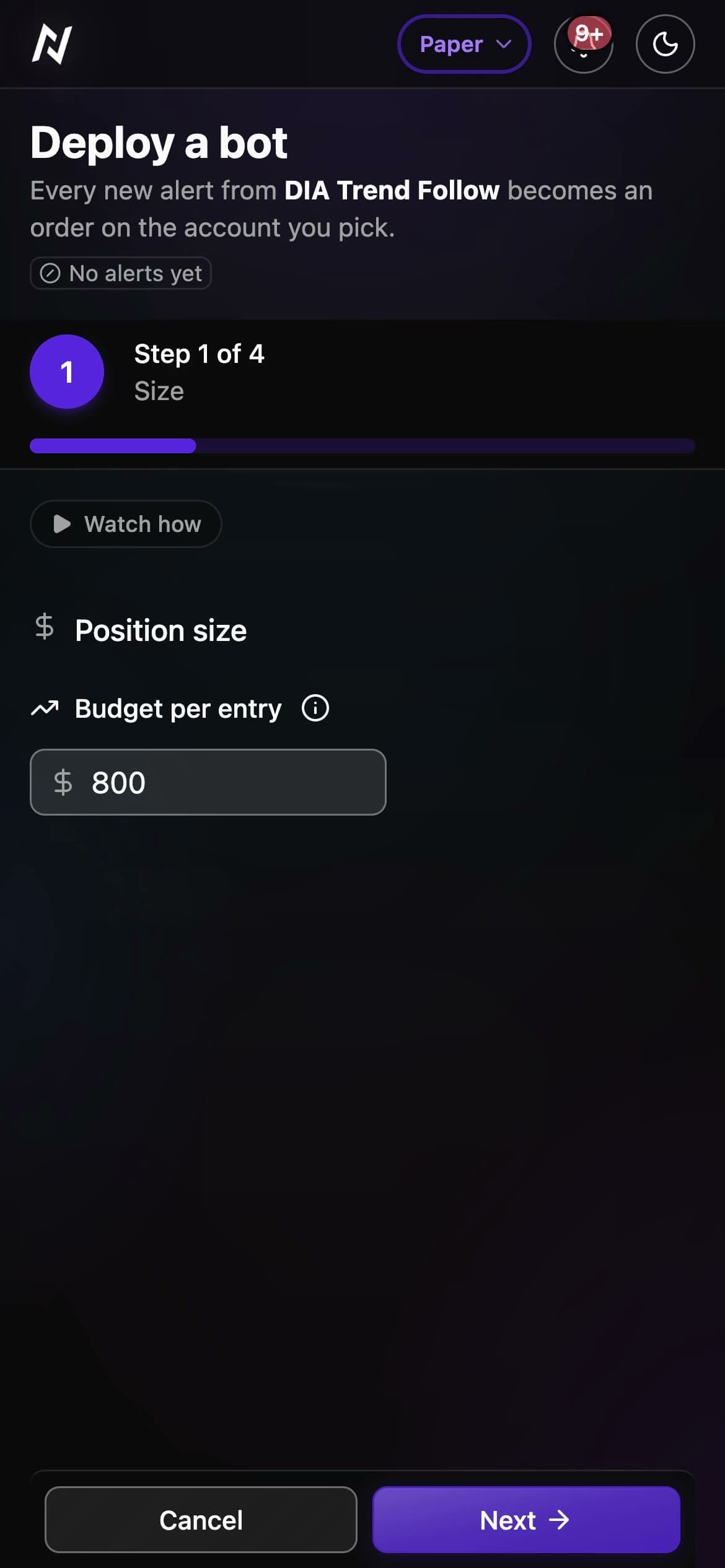 A budget per entry typed in, Deploy on Nyria Paper, then My bots with the other paper bots and their results