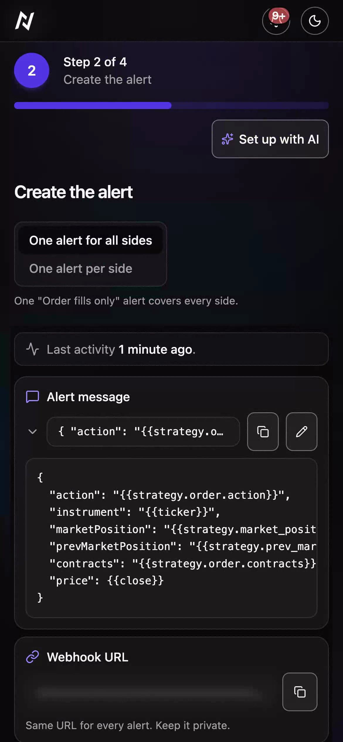 One alert on a BTC strategy in the Nyria app on a phone: the alert message, the order it placed, the filled Nyria Paper trade, and the notification
